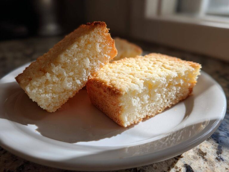Two golden-brown squares of 3-ingredient shortbread cookies resting on a white plate.