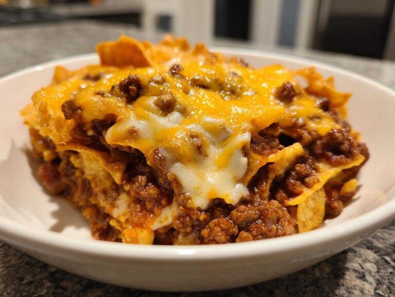 Close-up of a serving of layered Frito Pie topped with melted cheddar and Monterey Jack cheese.
