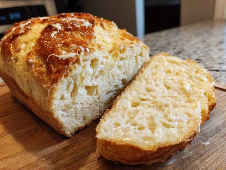 A freshly baked loaf of beer bread, partially sliced, showing a soft interior drizzled with melted butter.