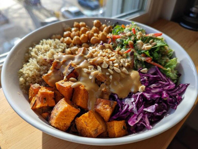 A vibrant, healthy buddha bowl featuring roasted sweet potatoes, quinoa, chickpeas, red cabbage, and greens topped with peanut sauce.