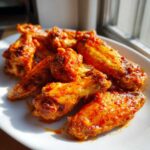 A close-up of several glossy, saucy buffalo chicken wings piled on a white plate near a window.