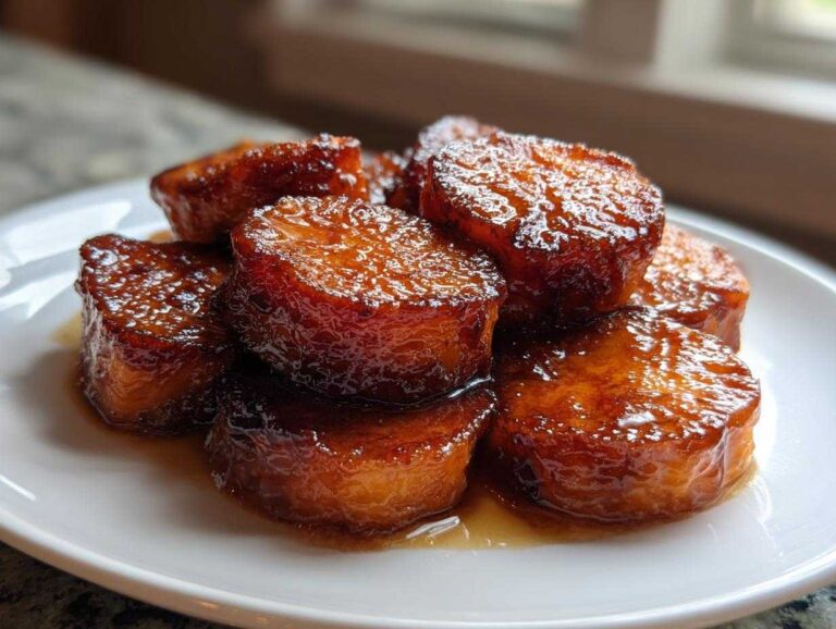 A close-up of thick, round slices of candied yams covered in a rich, dark brown glaze, served on a white plate.