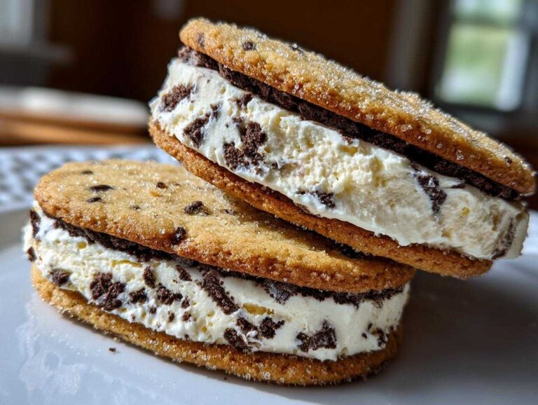 Two stacked ice cream sandwiches made with chocolate chip cookies, resembling amazing cannoli cookies, filled with creamy white filling.