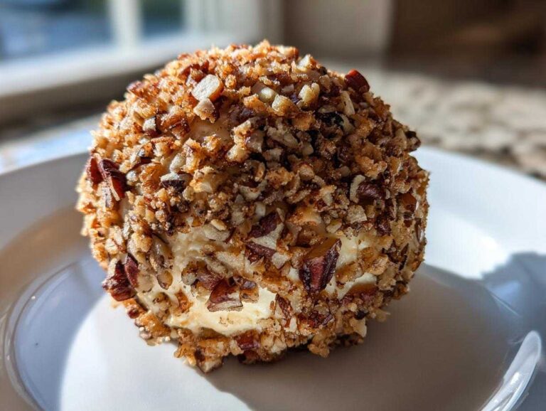 A close-up of a perfectly formed cheese ball coated entirely in chopped, toasted pecans, sitting on a white plate.