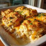 Close-up of a creamy chicken cobbler topped with golden biscuits, melted cheddar cheese, and fresh parsley.