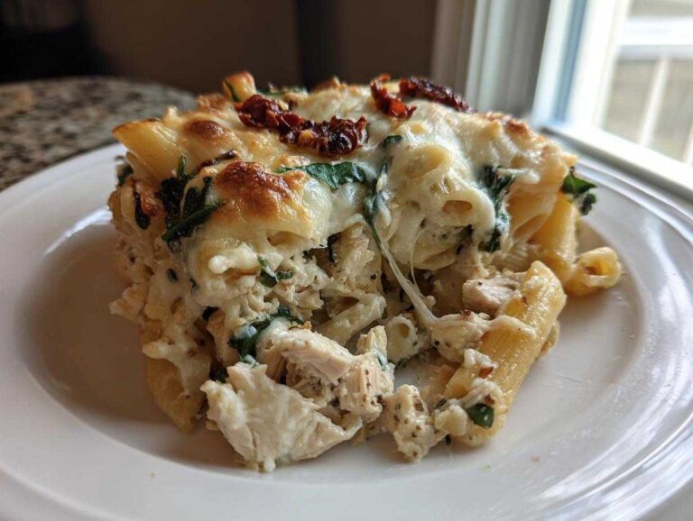 A close-up of a serving of creamy chicken pasta bake topped with melted cheese and sun-dried tomatoes.