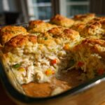 A scoop removed from a glass dish showing creamy filling and shredded chicken in amazing chicken pot pie casserole.
