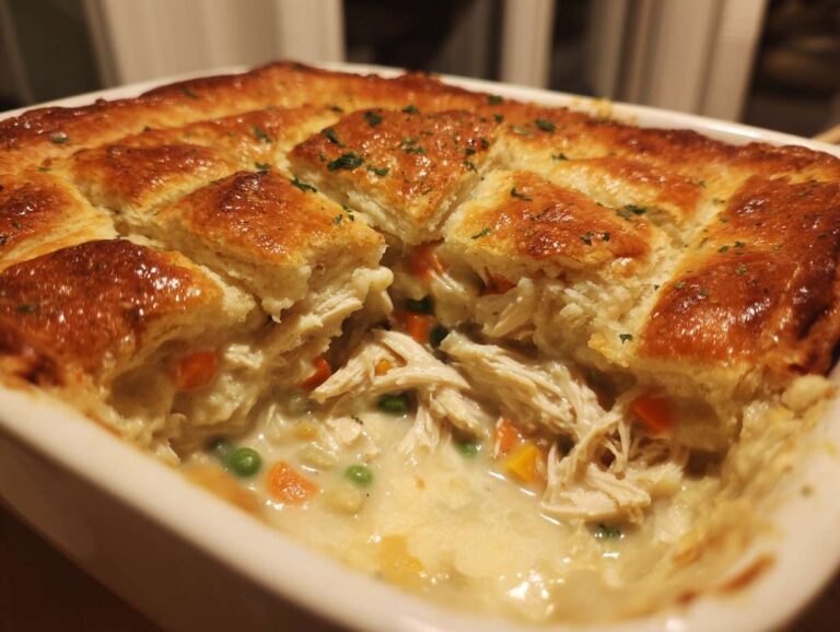 Close-up of a serving spoon digging into a golden-crusted chicken pot pie casserole, showing shredded chicken and creamy sauce.