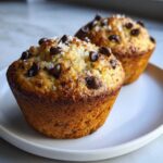 Two golden brown chocolate chip muffins topped with chocolate chips and flaky sea salt on a white plate.