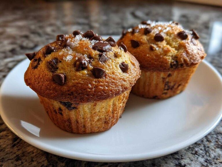 Two golden brown chocolate chip muffins topped with dark chocolate chips and coarse sea salt on a white plate.