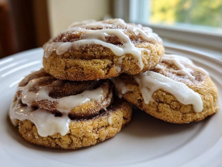 A stack of three soft, sugary cinnamon roll cookies drizzled generously with white vanilla icing.