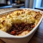 Close-up of a freshly baked cottage pie recipe with a scoop removed, showing the rich meat filling and golden mashed potato topping.