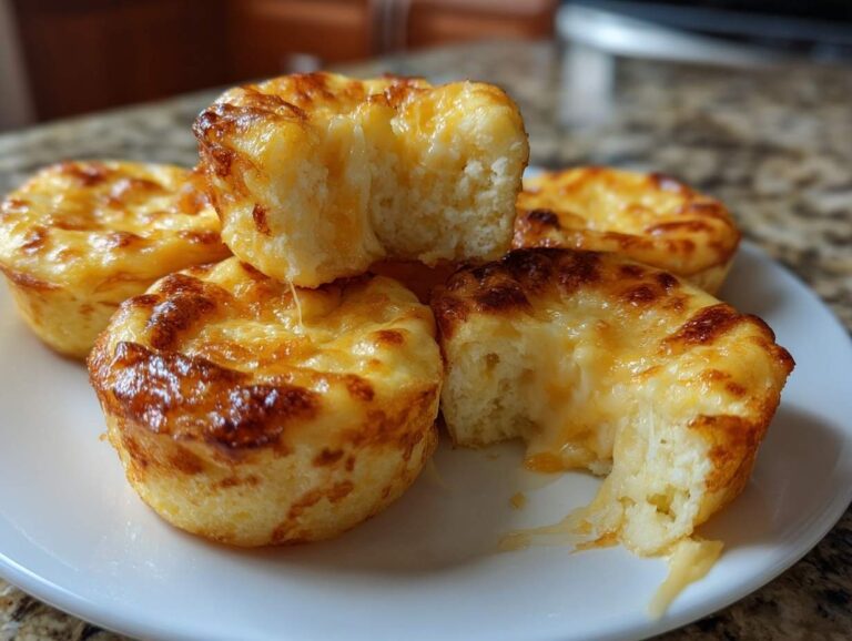 Close-up of several fluffy baked egg bites stacked on a white plate, showing melted, browned cheese.