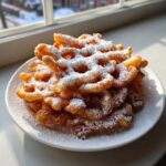 A mound of freshly fried funnel cake recipe dusted generously with white powdered sugar, sitting on a white plate.