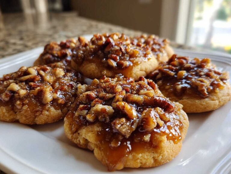 Four delicious pecan pie cookies topped with glossy caramel and chopped pecans, sitting on a white plate.