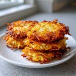 A close-up stack of crispy, golden brown potato latkes served on a white plate.