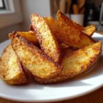 A close-up pile of golden brown, crispy seasoned potato wedges served on a white plate.