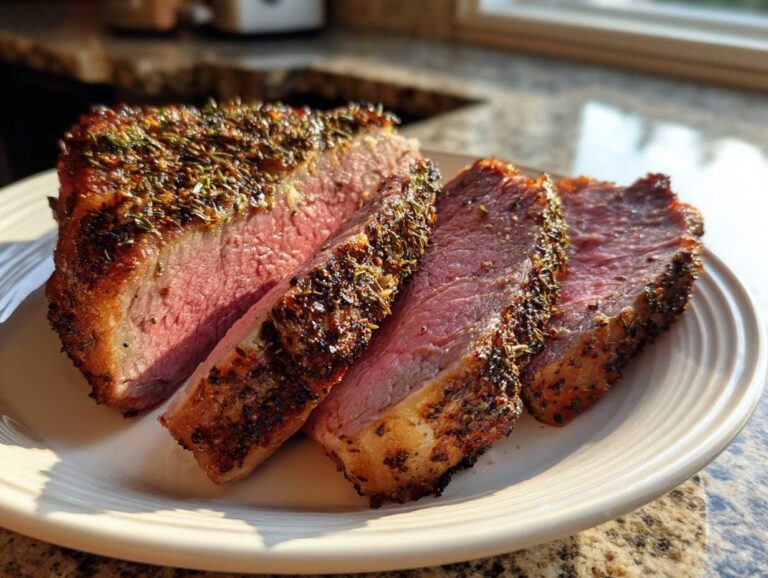 Close-up of three thick slices of perfectly cooked rib roast showing a medium-rare center and herb crust.