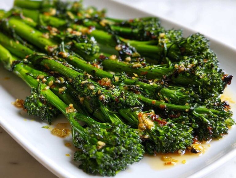 Close-up of bright green roasted broccolini stalks seasoned with garlic and oil on a white platter.