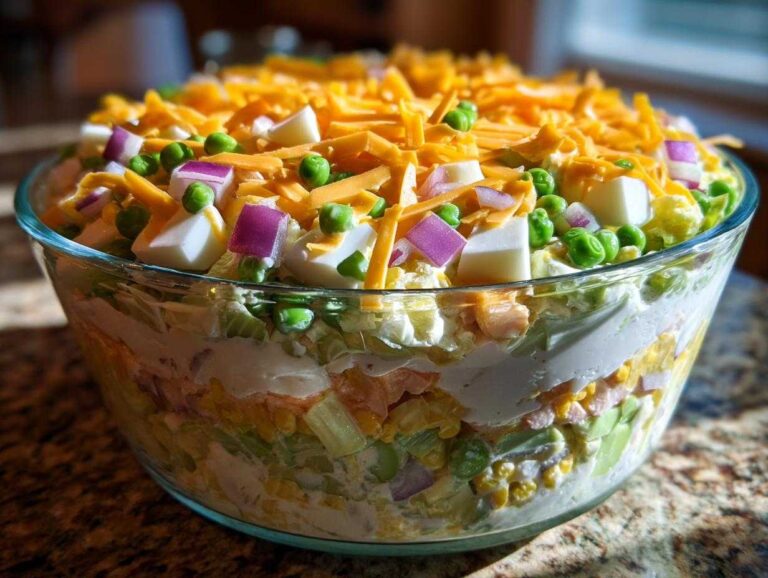 Close-up of a vibrant seven layer salad in a glass bowl, topped with shredded cheese, peas, and egg cubes.