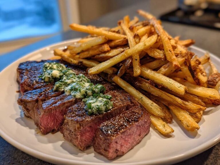 Close-up of sliced steak frites, medium-rare, topped with melting herb butter, next to a pile of golden fries.
