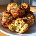 A pile of golden brown, crispy stuffing balls, one broken open to show the fluffy interior.