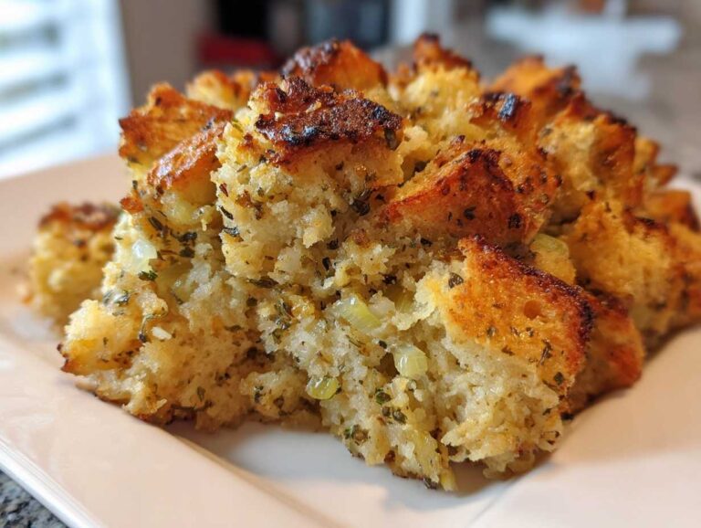 Close-up of a serving of amazing stuffing recipe with crispy browned edges and visible herbs and celery.