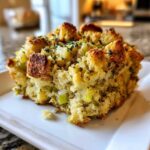 Close-up of a golden brown slice of savory stuffing recipe with visible celery and herbs.