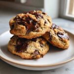 Three freshly baked vegan chocolate chip cookies stacked on a white plate with melted chocolate pools.