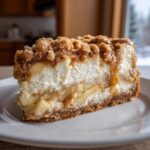 A thick slice of apple crisp cheesecake featuring layers of creamy filling, spiced apples, and a brown sugar crumble topping.