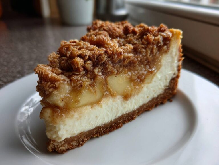 A perfect slice of apple crisp cheesecake showing a graham cracker crust, creamy filling, apple layer, and oat crumble topping.