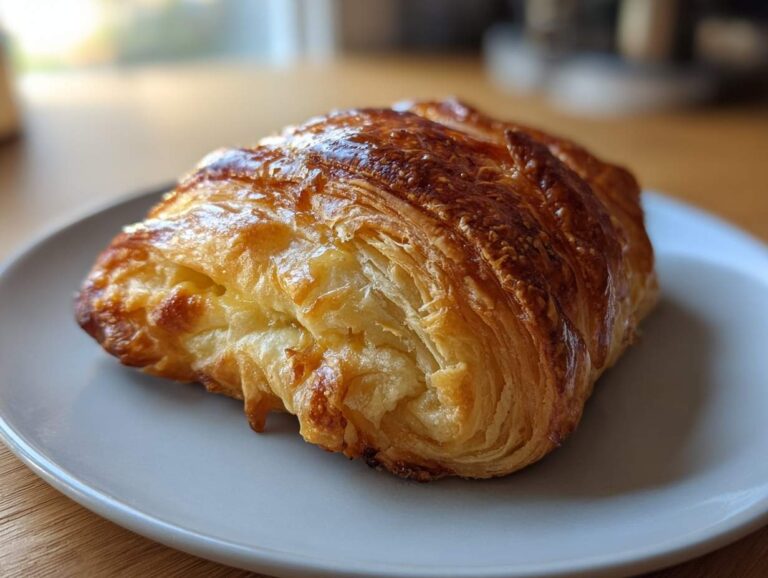 A golden-brown, flaky piece of baked brie in puff pastry resting on a light gray plate.