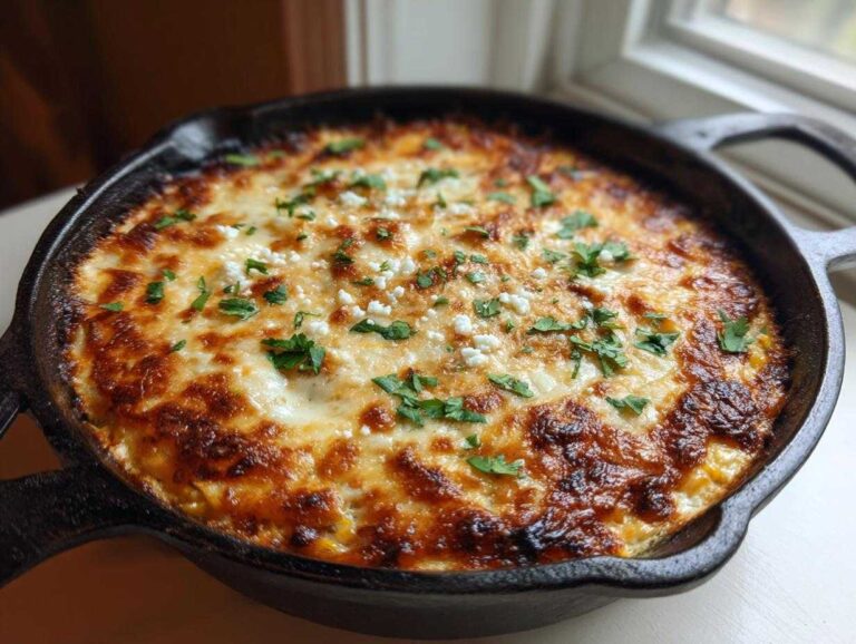 Close-up of hot, bubbly baked elote dip topped with melted cheese, cotija, and fresh parsley in a black cast iron skillet.