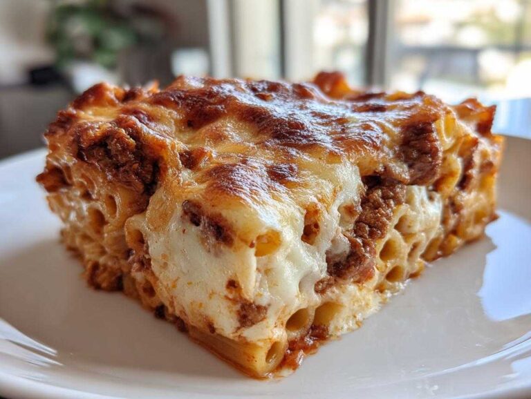 A close-up of a square serving of baked ziti pasta with rich meat sauce and a bubbly, browned cheese crust.