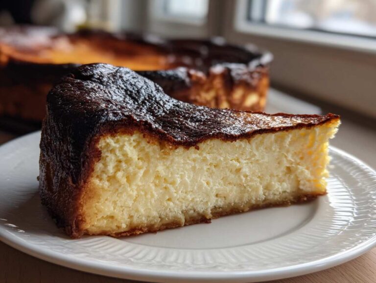 A thick slice of creamy Basque burnt cheesecake with a dark caramelized top on a white plate.
