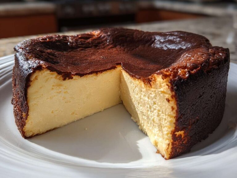 A slice of creamy Basque cheesecake showing its signature dark, caramelized top and creamy interior.