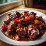 Close-up of rich, dark brown stew chicken pieces served in a white bowl with carrots and peppers.