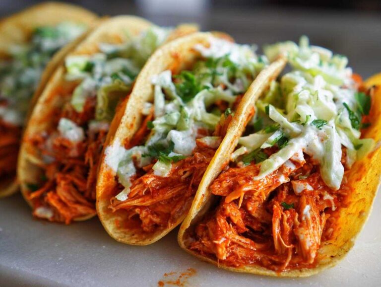 Close-up of three crispy shell buffalo chicken tacos filled with shredded orange chicken and topped with creamy slaw.