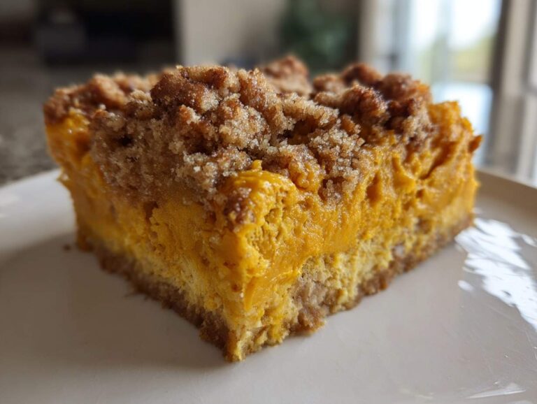 Close-up of a square slice of rich, orange butternut squash casserole topped with brown sugar streusel.