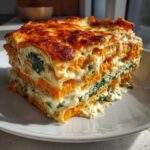 A thick, layered slice of butternut squash lasagna featuring bright orange squash, green spinach, and melted, browned cheese topping.