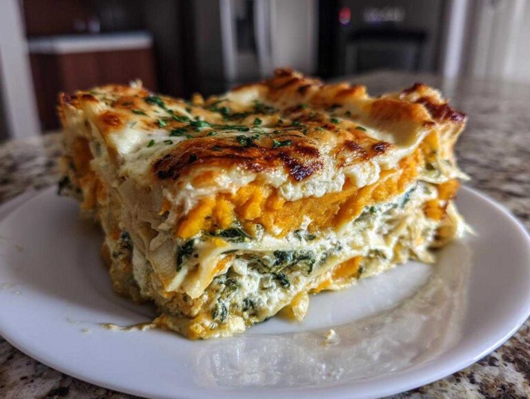 A thick, layered slice of butternut squash lasagna with creamy white sauce and spinach on a white plate.