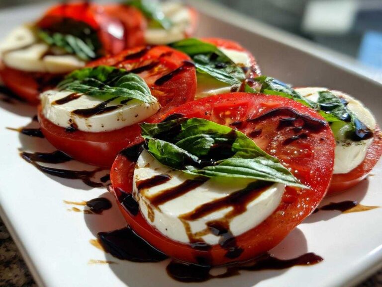 Close-up of stacked slices of tomato, fresh mozzarella, and basil, drizzled with balsamic glaze, making a classic caprese salad.