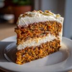 Close-up of a rich slice of carrot cake cheesecake with thick cream cheese frosting layers.