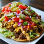 A close-up shot of a vibrant cheeseburger bowl piled high with seasoned ground beef, melted cheese, lettuce, tomatoes, onions, and pickles.