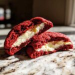 A red velvet cookie cut in half, revealing a thick, creamy cheesecake filling inside. Perfect cheesecake stuffed red velvet cookies.