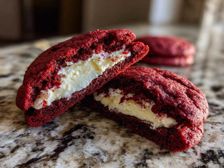 A close-up of cheesecake stuffed red velvet cookies cut in half, showing the creamy white filling.