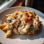 A serving of creamy chicken pasta bake with melted, browned cheese topping and visible pieces of chicken and sun-dried tomatoes.