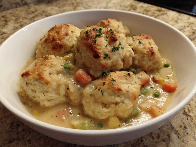 A white bowl filled with creamy chicken and dumplings with biscuits, garnished with parsley.