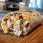 Cross-section view of a fully loaded chicken bacon ranch wrap showing chunks of chicken, bacon, cheese, and ranch dressing.