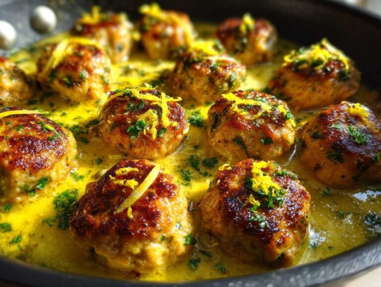 Close-up of browned chicken piccata meatballs simmering in a bright yellow lemon-butter sauce, garnished with parsley and zest.